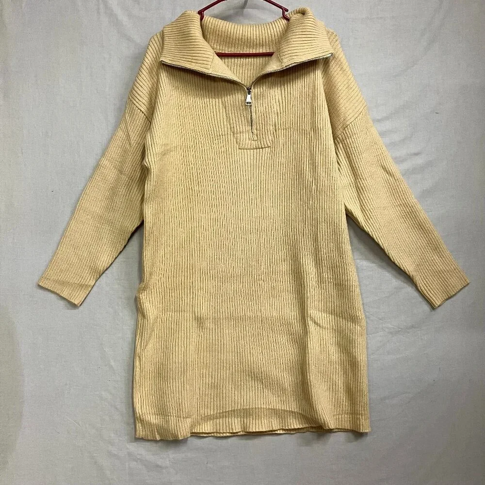 Unbranded Women's Large Mustard 1/4 Zip Pullover Ribbed Sweater Dress Acrylic